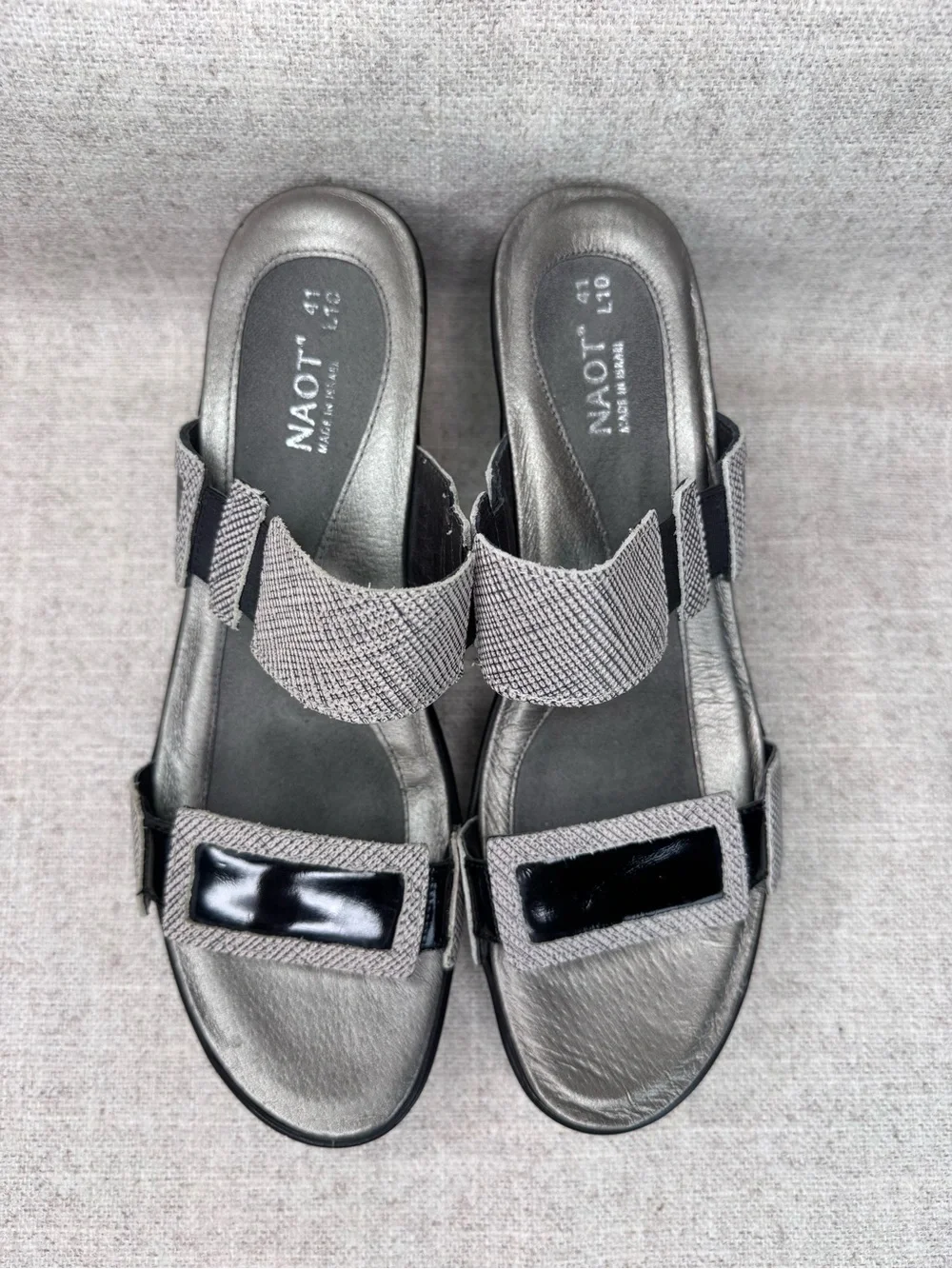 Naot Treasure Silver/black Patent Leather Sandals heels wedges sz 41 (10) party